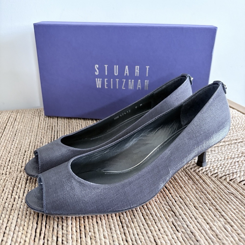 NEW Stuart Weitzman Logosavoir Peep-Toe Kitten Heels Sz 9 NW49412 Ink Deep Blue